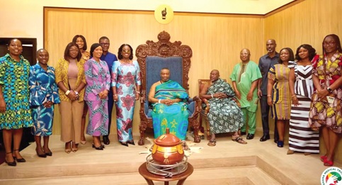 Nii Tackie Teiko Tsuru II, Ga Mantse, with the delegation of the Ghana Medical Trust Fund also known as MahamaCares, after the meeting. Picture: EDNA SALVO KOTEY