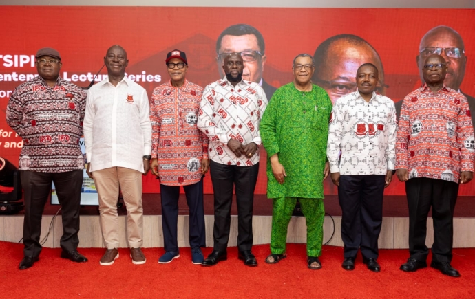 From left: Airline Capt Paul Forjoe (Rtd), Ebusuapanyin Moses Baiden Jnr Esq, Dr Ibn Chambas, Airline Capt Johnny Yamoah (Rtd), Goosie Tanoh Esq, AVM Agyen-Frempong, Brig Gen Dan Frimpong (Rtd).