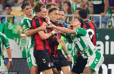 Bournemouth's Alex Scott and Real Betis' Antony were sent off after a clash during their pre-season friendly