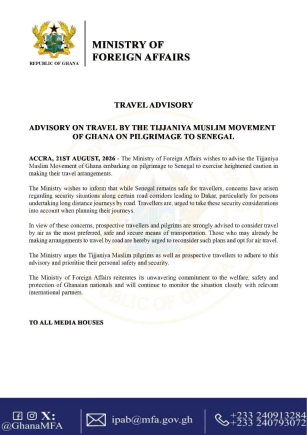 Foreign Affairs Ministry warns Tijjaniya pilgrims against road travel, advises air travel to Senegal