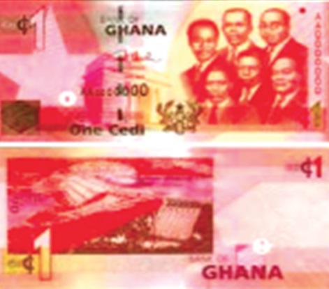 The front and back of the One Ghana Cedi note