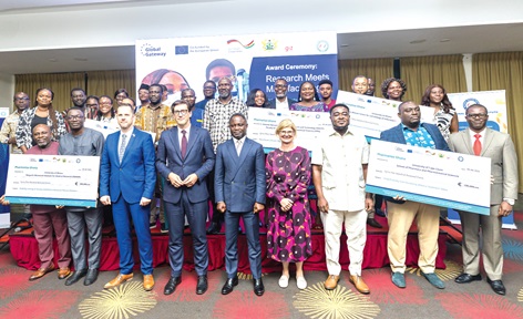  Kwabena Mintah Akandoh (3rd from right), Minister of Health; Frederik Landshoft (middle), German Ambassador to Ghana; Jonas Claes (3rd from left), Head of Political Section, European Union Delegation to Ghana; and Dr. Sodzi Sodzi-Tettey (right), CEO of the National Vaccine Institute, with some awardees. Picture: ESTHER ADJORKOR ADJEI