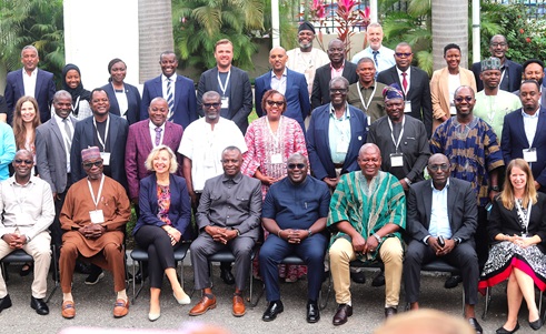 Dr Julius Debrah (seated 4th from right), Chief of Staff; Joseph Bukari Nikpe (seated 3rd from right), Minister of Transport; Aggie Krasnolucka (seated 3rd from left), Programmes Director, FIA Foundation; Abraham Amaliba (seated 2nd from right), Director-General, NRSA; Caroline Barber (seated right), CEO of Transaid, and other participants after the summit. Picture: EDNA SALVO KOTEY