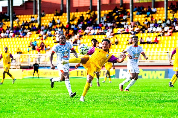 Medeama’s Emmanuel Annor striking the ball  home to ensure victory yesterday