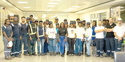 The female engineering students from Takoradi Technical University and officials of Karpower Ghana after the educational tour aboard the Karpowership