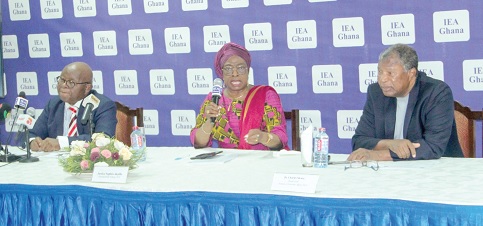 Justice Sophia Akuffo (middle), former Chief Justice, answering questions at the press conference. She is flanked by Prof. Aaron Mike Oquaye (left), former Speaker of Parliament, and Dr Charles Mensah, Board Chairman, IEA. Picture: ERNEST KODZI