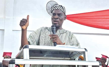 Haruna Iddrisu (right), Minister of Education, speaking at the 14th congregation and 96th anniversary celebration of St John Bosco’s College of Education in Navrongo