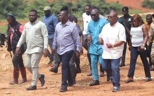 Emmanuel Armah-Kofi Buah (middle), Minister of Lands and Natural Resources; Dr Frank Amoakohene (2nd left), Ashanti Regional Minister, and some dignitaries inspecting the reclaimed site at Manso Adubia