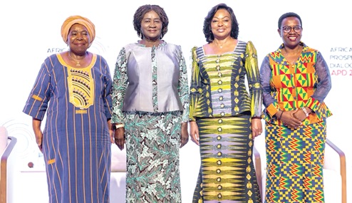 Prof. Naana Jane Opoku-Agyemang (middle), Vice-President, with Ana Afonso Dias Lourenço (right), First Lady, Republic of Angola, and Dr Nkosazana Dlamini-Zuma (left) Chairperson, APN Advisory Council, at the 2026 Africa Prosperity Dialogues in Accra
