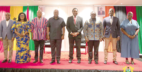 President John Dramani Mahama (4th from left) and Hakainde Hichilema (4th from right), President of Zambia, with some government officials who accompanied President Mahama.