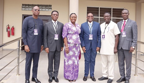 Rita Naa Odoley Sowah (3rd from left), Deputy Minister of Local Government, Chieftaincy and Religious Affairs, flanked by Apostle Dr Eric Nyamekye (2nd from left), President of the Ghana Pentecostal and Charismatic Council and Bishop Gordon Kisseh (3rd from right), First Vice President of the GPCC, with other members of the council at this year's Heads of Churches and Organisations Conference