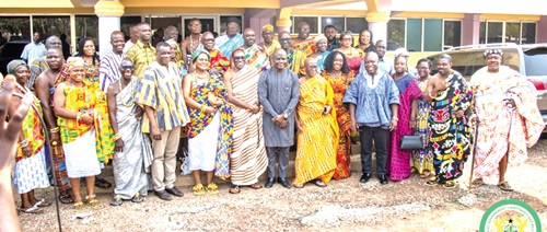 Ahmed Ibrahim (7th from right), Minister of Local Government, Chieftaincy and Religious Affairs, with the members of the Volta Regional House of Chiefs, after the familiarisation visit