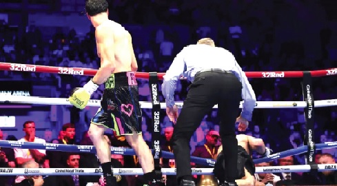 Nick Ball, was  knockedout through the ropes by Brandon Figueroa during the fight