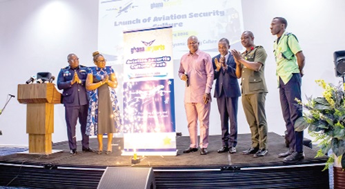 Joseph Bukari Nikpe (4th from right), Transport Minister; Rev. Stephen Wilfred Arthur (3rd from right), DG, GCAA; Yvonne Nana Afriyie Opare (2nd from left), MD, GACL, and other officials during the launch of the Aviation Security Culture Week