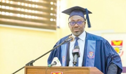 Prof. Denis Worrlanyo Aheto (inset), acting Vice-Chancellor, UCC, addressing the freshers 
