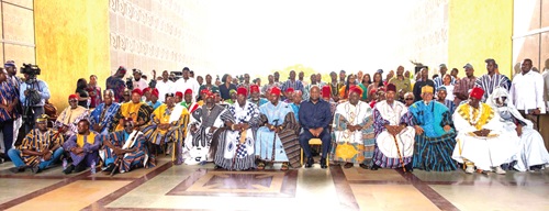 President John Mahama (middle) seated with members of the Upper East Regonal House of Chiefs at the Jubilee House
