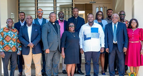 George Opare Addo (2nd from right), Minister of Youth Development &amp; Empowerment, and Dr Cyril Gershon Fayose (3rd from left), Secretary-General, Christian Council of Ghana, with some members of the Council  and staff of the Youth Development &amp; Empowerment Ministry. Picture: BENEDICT OBUOBI