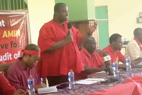 Sam Nat Kevor,  Chairman, Divisional Union of PWSU, GBC, answering questions during the media briefing