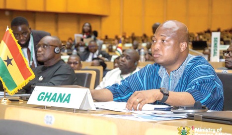 Samuel Okudzeto Ablakwa, Minister of Foreign Affairs, dressed in a smock at the AU Summit in Addis Ababa, Ethiopia.