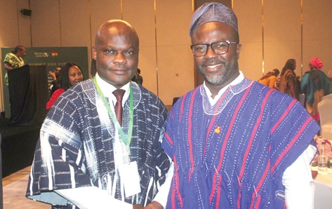 Ahmed Ibrahim (left), the Minister of Local Government, Chieftaincy and Religious Affairs, and another Ghanaian in their smock at the AU Summit Ahmed Ibrahim (left), the Minister of Local Government, Chieftaincy and Religious Affairs, and another Ghanaian in their smock at the AU Summit