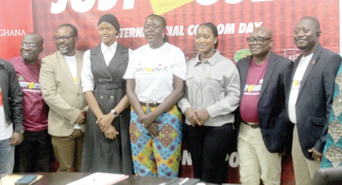  Dr Kharmacelle Prosper Akanbong (2nd from right), Director-General of GAC; Dr Ekua E Houphouet (middle), Country Programme Manager – Ghana, AIDS Healthcare Foundation; and Dr Emmanuel Teviu (2nd from left), Programme Manager of NACP, with other dignitaries during the International Condom Day celebration. Picture: ESTHER ADJORKOR ADJEI 
