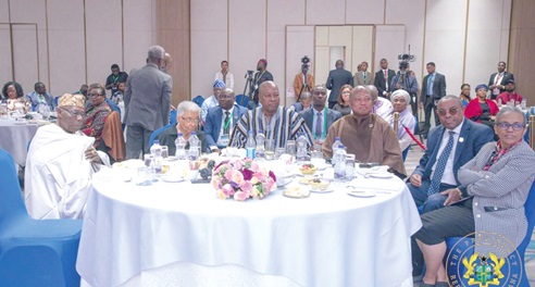 President John Mahama (3rd from left) with Olusegun Obasanjo (left), former Nigerian President; Ellen Johnson Sirleaf (2nd from left), former Liberian President; Samuel Okudzeto Ablakwa (3rd from right), Minister of Foreign Affairs, and other dignitaries at the event