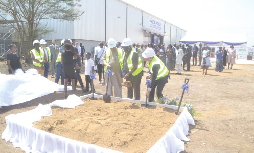 Eric Opoku (middle), Minister of Food and Agriculture, cutting the sod for the construction of a poultry value-added processing project. With him is Frederik Landshõft, German Ambassador to Ghana, and Augustus Tanoh (left), Presidential Adviser, 24 Hour Economy and Accelerated Export Development