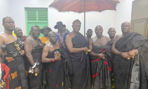 Oseadeeyo Dr Frimpong Manso IV (3rd from right),   Omanhene of Akyem Kotoku, with five of the chiefs who were elevated to the positions of Abrempong
