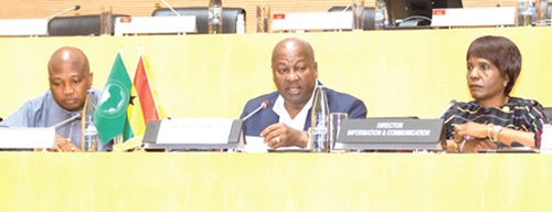 President John Dramani Mahama addressing the press conference at the 39th AU Summit in Addis Ababa, Ethiopia. With him are Samuel Okudzeto Ablakwa (left), Minister of Foreign Affairs, and Ms Wynne Musabayana (right), Director of Communication and Information at the AU