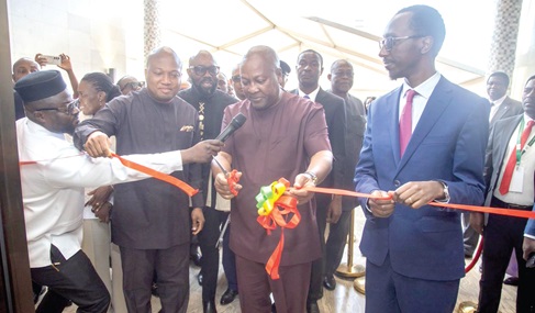 President John Mahama (middle), Samuel Okudzeto Ablakwa (left), Minister of Foreign Affairs, and Dr Gideon Timothewos Hessebon (right), the Ethiopian Foreign Affairs Minister, inaugurating the building. INSET: Front view of the newly inaugurated chancery in Addis Ababa, Ethiopia