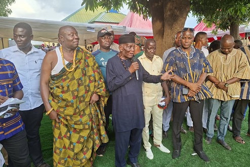 The Oti Regional Minster, John Kwadwo Gyapong, addressing the durbar of the chiefs and people of Kpassa. At his immediate right is the District Chief Executive of Nkwanta-North, Isaiah Kudjoe Dordoe.