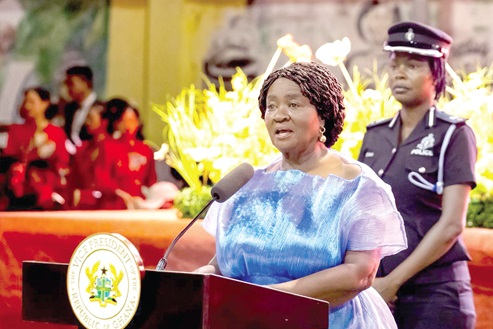Vice-President Prof. Naana Jane Opoku-Agyemang (right) speaking at the 2026 Sunon Asogli Chinese New Year celebration in Kpone