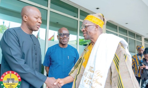 Alban Bagbin (right), Speaker of Parliament, exchanging pleasantries with Mahama Ayariga, Majority Leader. Looking on is Dr Rasheed Draman, Executive Director of ACEPA