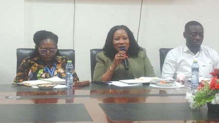 Shirley Tamara Asomani-Wiafe (middle), Central Region General Manager of the ECG, addressing the meeting