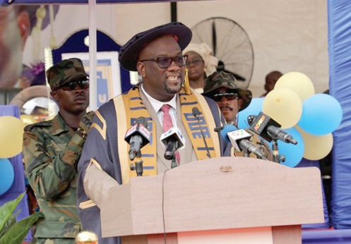 Prof. Amevi Acakpovi (right), Vice Chancellor, ATU, addressing students at the matriculation ceremony