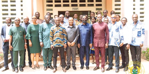 Kwabena Mintah Akandoh, Minister of Health, with the management and staff of the College of Health Sciences, University of Ghana. With him is Dr Alfred Oko Vanderpuije (5th from right), MP for Ablekuma South