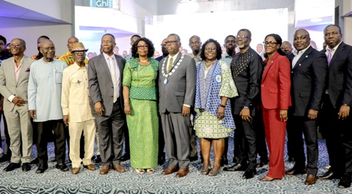 Ludwig Annang Hesse (middle), President, Ghana Institution of Engineering (GhIE), with Patrick Amoah Bekoe (right), Vice-President, GhIE; Dr Enyonam Kpekpena (5th from right), Executive Director, GhIE, and some members of the institution after the meeting. Picture: ELVIS NII NOI DOWUONA 