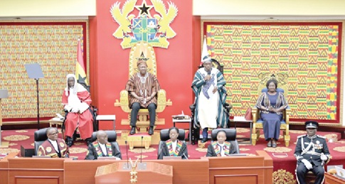 Alban Kingsford Bagbin (standing), Speaker of Parliament, addressing Parliament. Seated are President Mahama (2nd from left), Vice-President Naana Jane Opoku-Agyemang (right), and Justice Baffoe-Bonnie, Chief Justice Pictures: ELVIS NII NOI DOWUONA with additional files from the Presidency