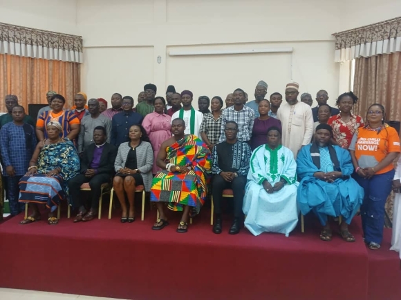 Akusiaku Brempong Kumi Sasraku (seated 4th from right), Paramount Chief of Anum Traditional Area, with officials of the Ministry of Local Government, Chieftaincy and Religious Affairs, as well as the religious leaders