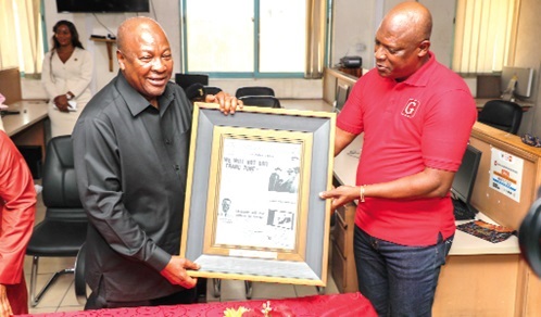 Ato Afful (right), Managing Director of GCGL, presenting President John Dramani Mahama with an old copy of the front page of Daily Graphic published on his date of birth. Pictures: DOUGLAS ANANE-FRIMPONG &amp;  ELVIS NII NOI DOWUONA