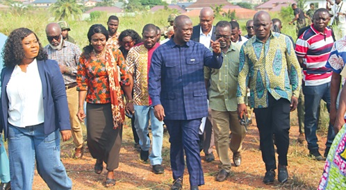 Emmanuel Armah-Kofi Buah (3rd from right), Minister of Lands and Natural Resources, inspecting GAEC lands that have been encroached upon. With him are some security officials and other officials of GAEC. Picture: ERNEST KODZI 