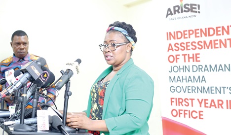 Marion Gifty Nyaaba, Co-Convenor, Arise Ghana, addressing the press conference in Accra. Picture: BENEDICT OBUOBI
