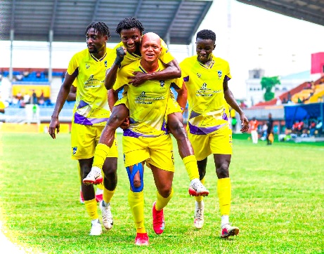 Players of Medeama SC celebrating one of their goals against Young Apostles yesterday