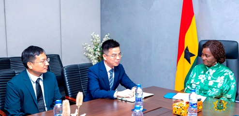 Prof. Naana Jane Opoku-Agyemang, (right), Vice–President, in discussions with Michael Ye (middle), Sunda Group Ghana Director