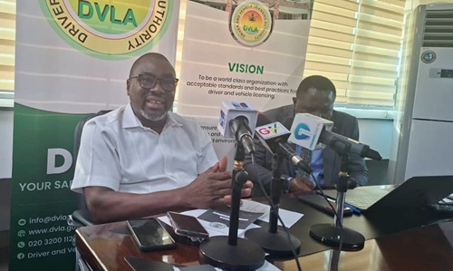 Prosper Kafui Semevo, Director of Driver Training, Testing, and Licensing at the DVLA, addressing the media
