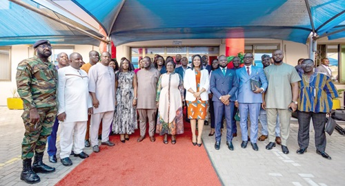 Professor Naana Jane Opoku-Agyemang (arrowed), Vice-President, with George Opare Addo (5th fromk left), Minister of Youth Development and Empowerment, and other dignitaries during her working visit to the ministry