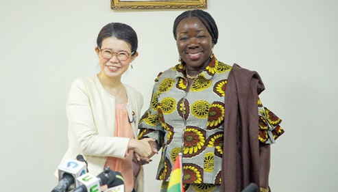 Elizabeth Ofosu-Adjare (right), Minister of Trade, Agribusiness, and Industry, exchanging pleasantries with Kunimitsu Ayano (left), Minister of Foreign Affairs of Japan, after the meeting. Picture: CALEB VANDERPUYE