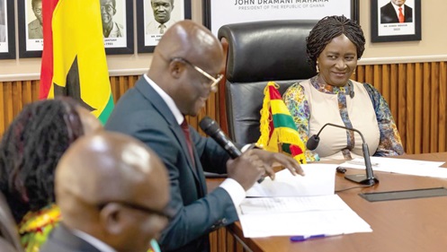 Vice-President Prof. Naana Jane Opoku-Agyemang listening with keen interest as Ahmed Ibrahim, Minister of Local Government, Chieftancy and Religious Affairs, briefs her on happenings within the ministry