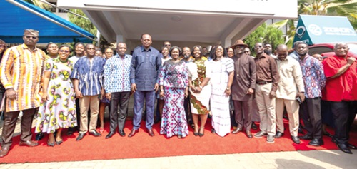 Professor Naana Jane Opoku-Agyemang (6th from left),Vice-President, with Joseph Bukari Nikpe (5th from left), Minister of Transport , Dorcas Affo- Toffey (7th from left), Deputy Minister, together with management, transport Union officers, staff and heads of agencies under the ministry during her working visit