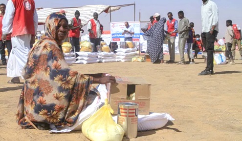A Sudanese woman who fled el-Fasher sits next to aid she received at the al-Afad camp for displaced people.